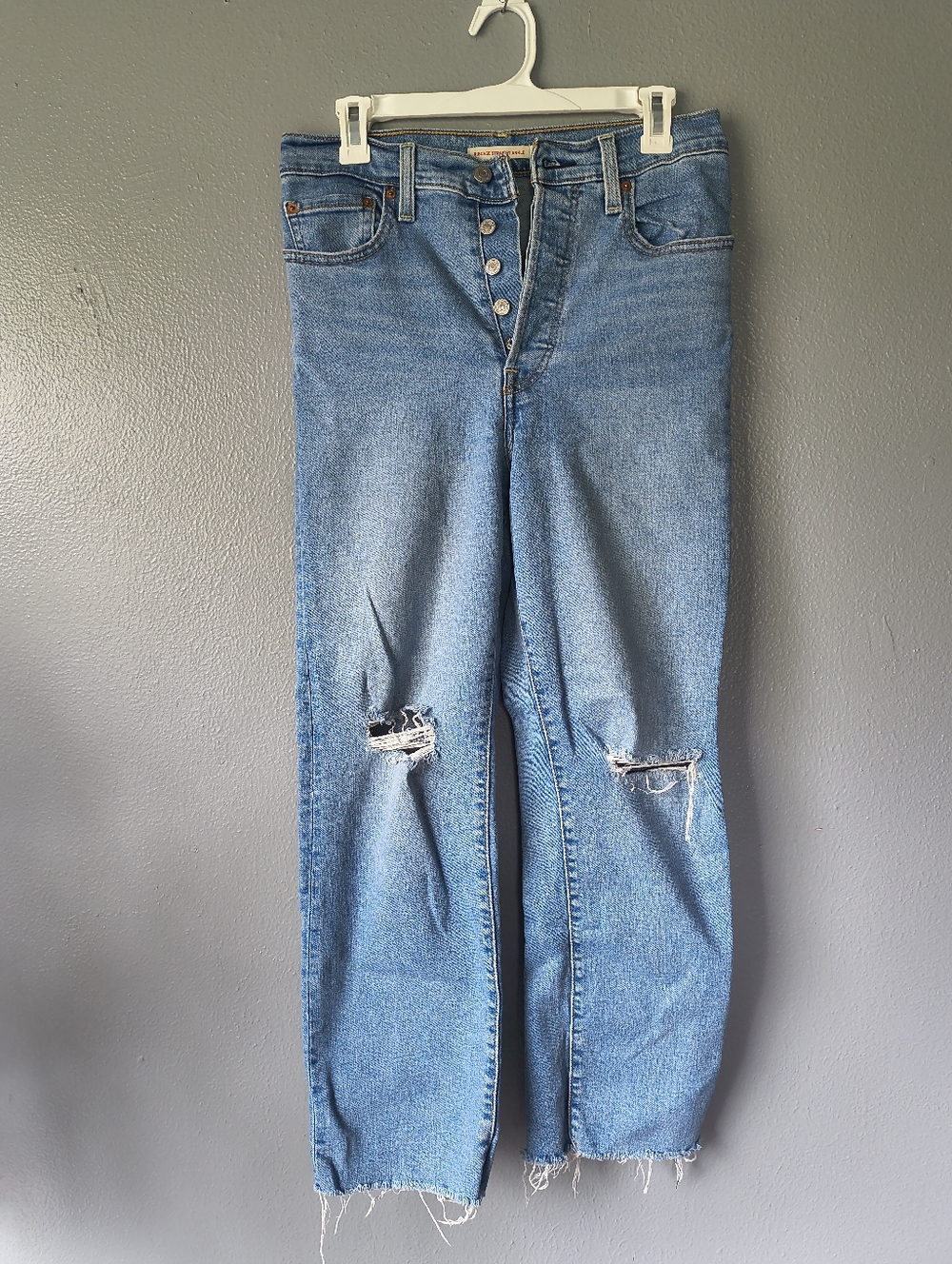 High-Rise Distressed Straight Leg Jeans in Light Blue